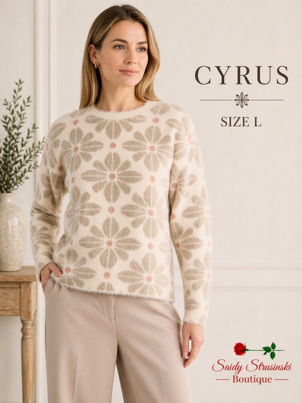 Cyrus Floral Crewneck Sweater - Cream, Taupe & Soft Pink cozy minimalist size L